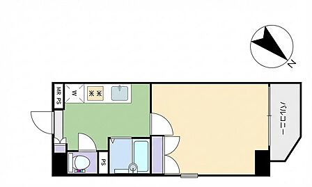 専有面積21.95m2の1Kタイプ。バストイレ別・室内洗濯機置場付き・エレベーターあり、事務所利用可能。