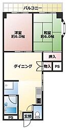 都営新宿線 船堀駅 徒歩7分の賃貸マンション 2階2DKの間取り