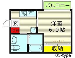 ウインズコート清水 4階1Kの間取り