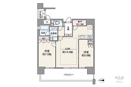 間取りは専有面積61.49平米の2LDK。LDK約14.4帖のプラン。バルコニー面積は14.40平米です。