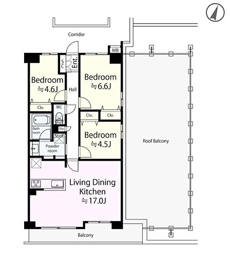 3LDK、71.46m2(壁芯)、バルコニー面積55.78m2