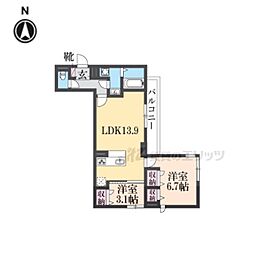 近鉄奈良線 東花園駅 徒歩5分の賃貸アパート 3階2LDKの間取り