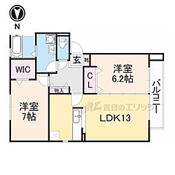 JR関西本線 奈良駅 徒歩22分の賃貸アパート 2階2LDKの間取り