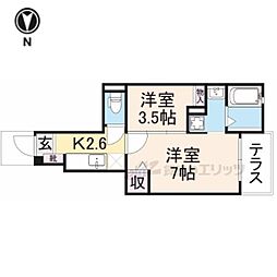 ガーデン・ヴィラＢ棟 1階2Kの間取り