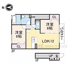 近鉄大阪線 桜井駅 徒歩17分の賃貸アパート 2階2LDKの間取り