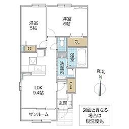 フェリチータ坂東 B 1階2LDKの間取り