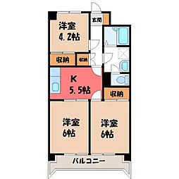 東武伊勢崎線 伊勢崎駅 徒歩9分の賃貸マンション 2階3Kの間取り