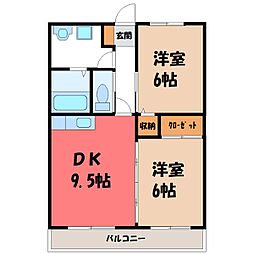 JR両毛線 国定駅 徒歩21分の賃貸マンション 3階2DKの間取り