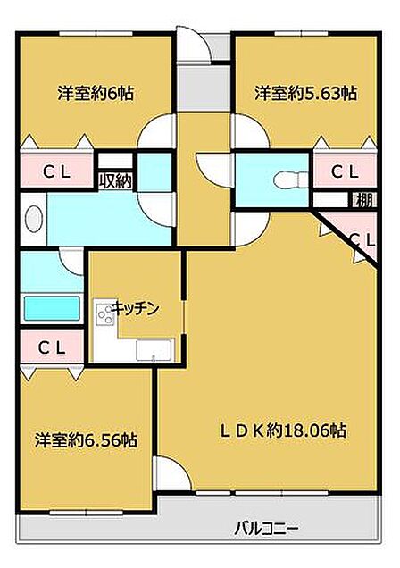 【間取り図】LDKと洋室3部屋の3LDKのお部屋です。