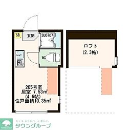 ハーモニーテラス方南II 2階ワンルームの間取り