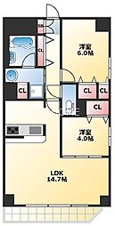 デレクト・ビュー上町台 2LDKの間取図画像