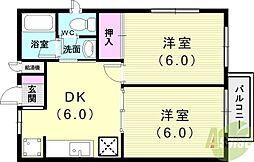 ヴィラ若木 2DKの間取図画像