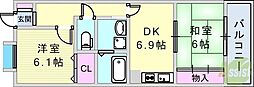 ツイン大開1号館 2DKの間取図画像