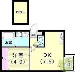 ルミエール西代B棟 1DKの間取図画像