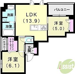 アヴェニール旭が丘 2LDKの間取図画像
