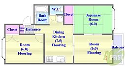 クイーンズコートB 3DKの間取図画像