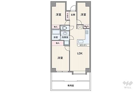 間取りは専有面積60.4平米の3LDK。専用庭付き、縦長リビングのプラン。バルコニー面積は13.34平米です。