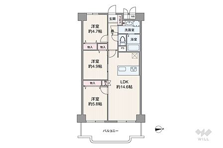 間取りは専有面積66平米の3LDK。LDK約14.6帖の縦長リビングのプラン。バルコニー面積は7.89平米です。