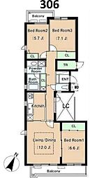 小田急小田原線 経堂駅 徒歩16分の賃貸マンション 3階3LDKの間取り