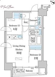 デュオフラッツ日本橋水天宮 10階2LDKの間取り