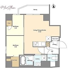 グランカーサ上野松が谷 9階2LDKの間取り
