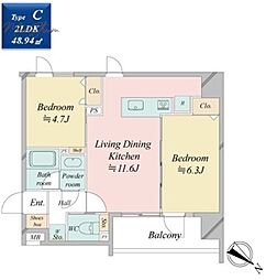 クロスレジデンス日本橋浜町 6階2LDKの間取り