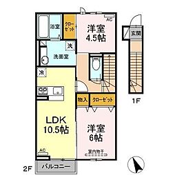 JR高徳線 志度駅 徒歩14分の賃貸アパート 2階2LDKの間取り