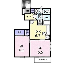 JR予讃線 鬼無駅 徒歩27分の賃貸アパート 1階2DKの間取り