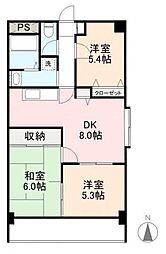 JR高徳線 昭和町駅 徒歩15分の賃貸マンション 8階3DKの間取り