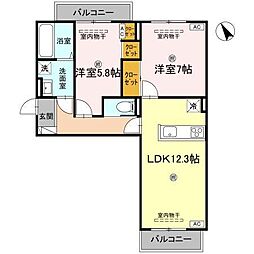 JR高徳線 昭和町駅 徒歩9分の賃貸アパート 3階2LDKの間取り