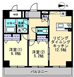 JR予讃線 高松駅 徒歩8分の賃貸マンション 6階2LDKの間取り