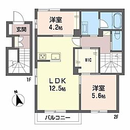 JR高徳線 昭和町駅 徒歩10分の賃貸アパート 2階2LDKの間取り