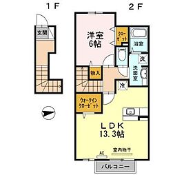 香川県高松市上天神町522-1の賃貸アパート 2階1LDKの間取り