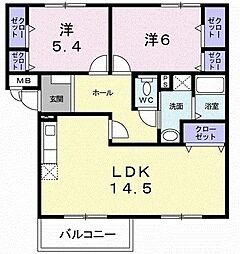 ニューエルディム裕2 2LDKの間取図画像