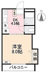 クレイドル木太II 2階1DKの間取り