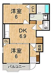 メゾン・ド・弦月 1階2DKの間取り