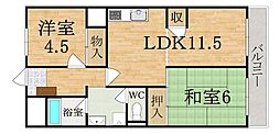 ハイネス生駒 3階2LDKの間取り