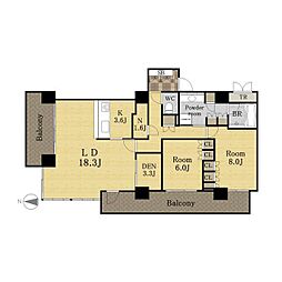 ブランズタワー・ウェリス心斎橋NORTH 2SLDKの間取図画像