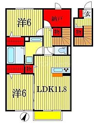 グローリアコートA 2階2LDKの間取り