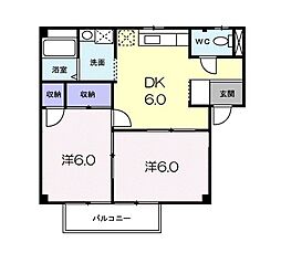 シティハイツ蘭 2階2DKの間取り