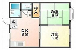 パレス浜野 2階2DKの間取り