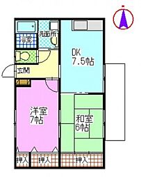 JR津山線 法界院駅 徒歩11分の賃貸アパート 2階2DKの間取り
