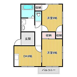 プレジール浜野B棟 2階2DKの間取り