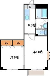 ラパン・ドゥ・上杉 2階2Kの間取り