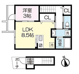 カーサグラシア中江 2階1LDKの間取り