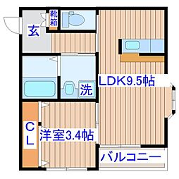 シャトルクレスト向山Ａ 2階1LDKの間取り