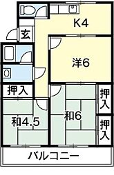山田マンション東棟 3Kの間取図画像