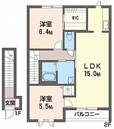 シャーメゾンディアス川内 A棟 2階2LDKの間取り