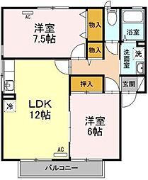 アムール D棟 2階2LDKの間取り
