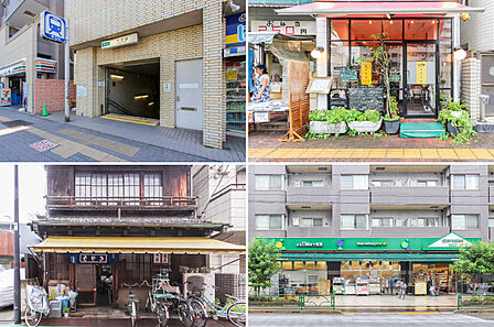 左上・最寄りの都営三田線「千石」駅。右上・「Squale Bistrot(スクアール ビストロ)」。左下・蕎麦屋「進開屋」。右下・最寄りのスーパーは「マルエツプチ 千石店」。
